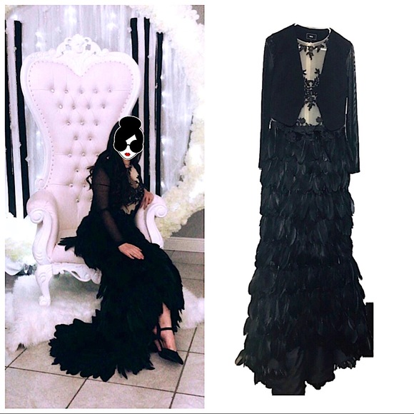 Feather Long Maxi Prom Embellished Gown Dress - Picture 2 of 12